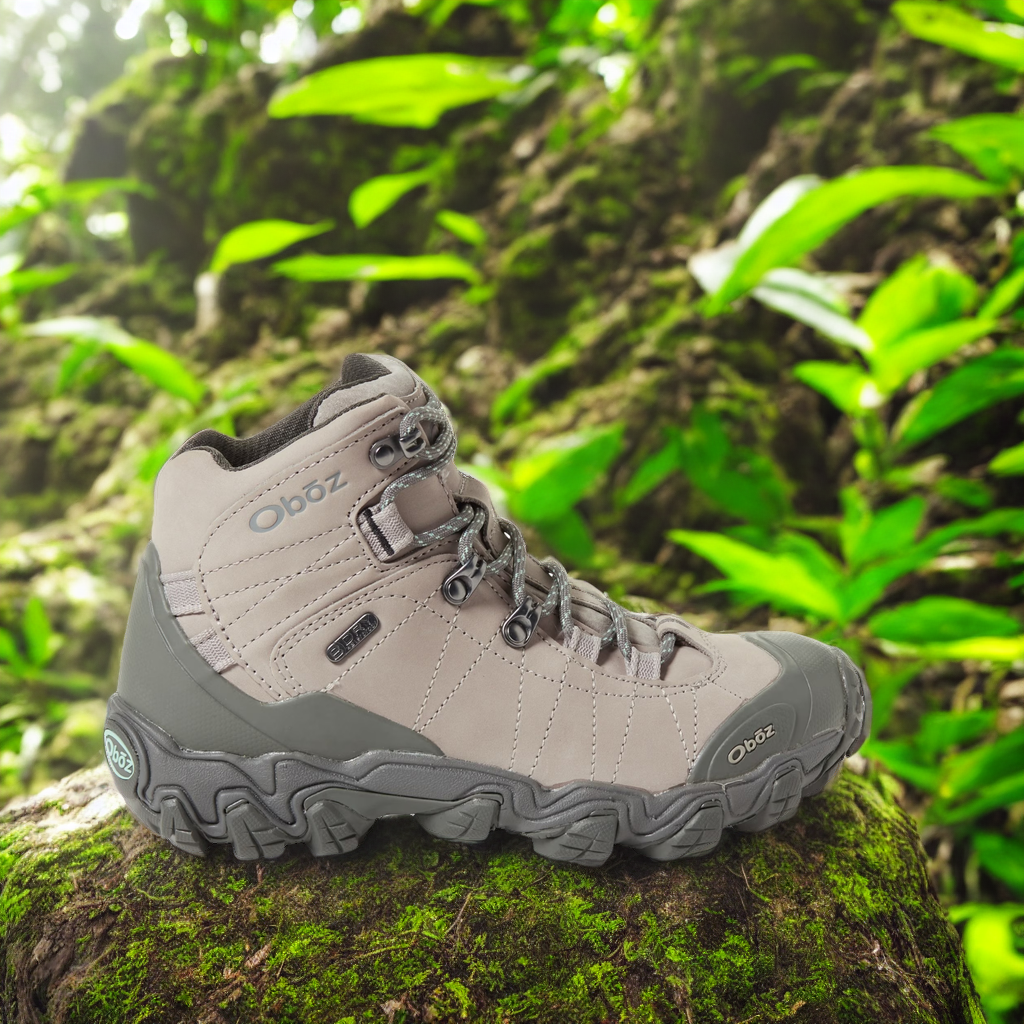 An AI generated lifestyle image for eCommerce of a hiking boot in a rainforest.