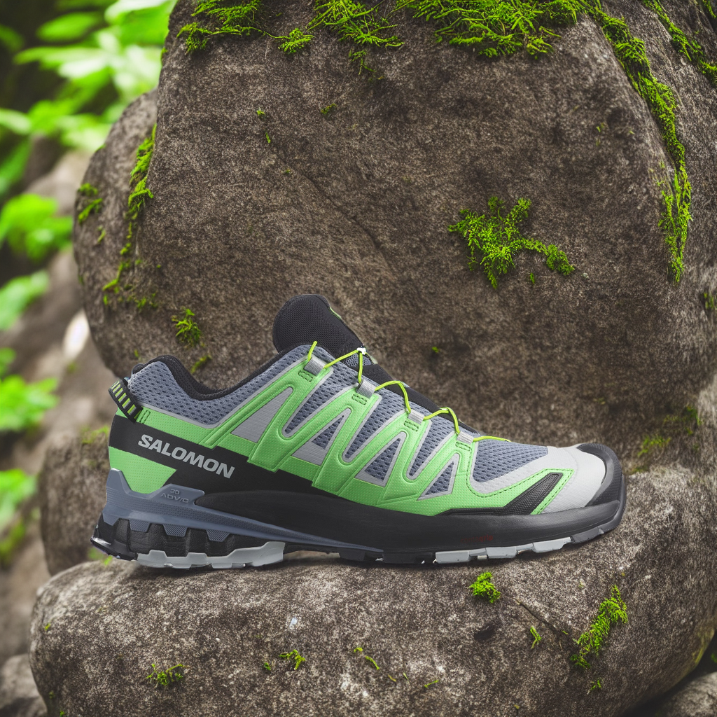 An AI generated lifestyle image for eCommerce of a hiking boot in a rainforest.