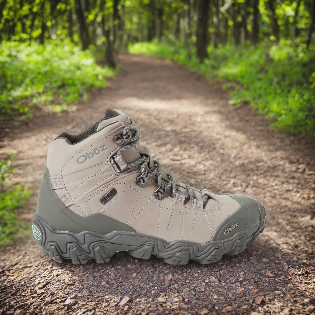 An AI generated lifestyle image for eCommerce of a hiking boot on a city park trail.